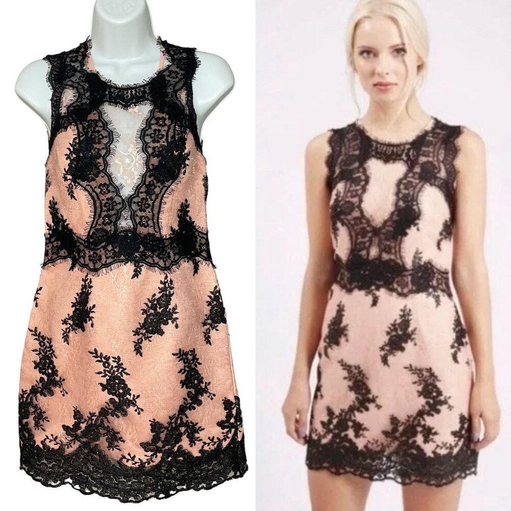 Topshop Lace Dress Mini Sheath Blush Pink Black Size 2 Clubbing Homecoming Party